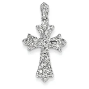 0.2 Carat 14K White Gold Fleur De Lis Diamond Cross Pendant