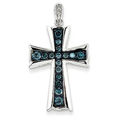 0.7 Carat 14K White Gold White & Blue Diamond Cross Pendant