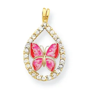 10K Gold Enamel Butterfly & CZ Teardrop Pendant