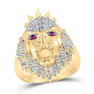 10kt Yellow Gold Mens Round Diamond Lion Animal Ring 1/2 Cttw - Majestic Wildlife Gold Ring