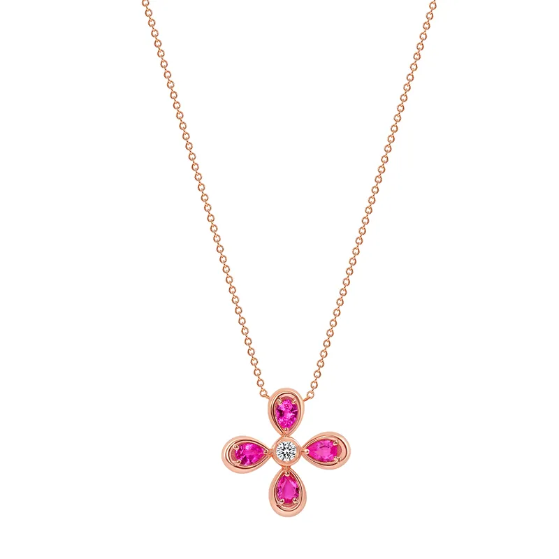 14K Rose Gold Pink Sapphire & Diamond Flower Pendant