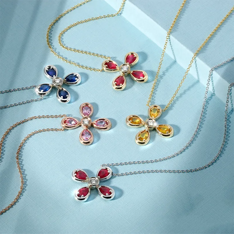 14K Rose Gold Pink Sapphire & Diamond Flower Pendant