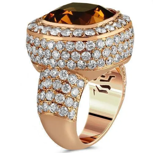 14K Rose Solid Gold Diamond Mens Cognac Citrine Ring 4.7 Ctw