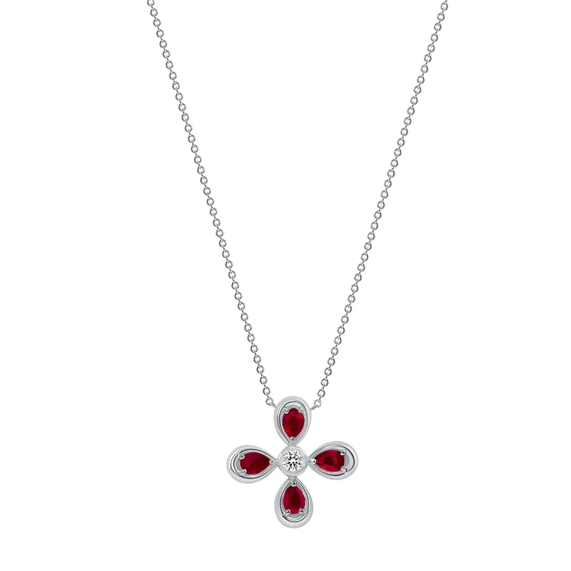 14K White Gold Ruby & Diamond Flower Pendant