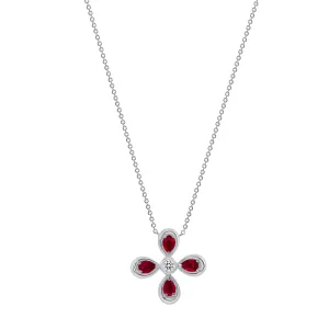 14K White Gold Ruby & Diamond Flower Pendant