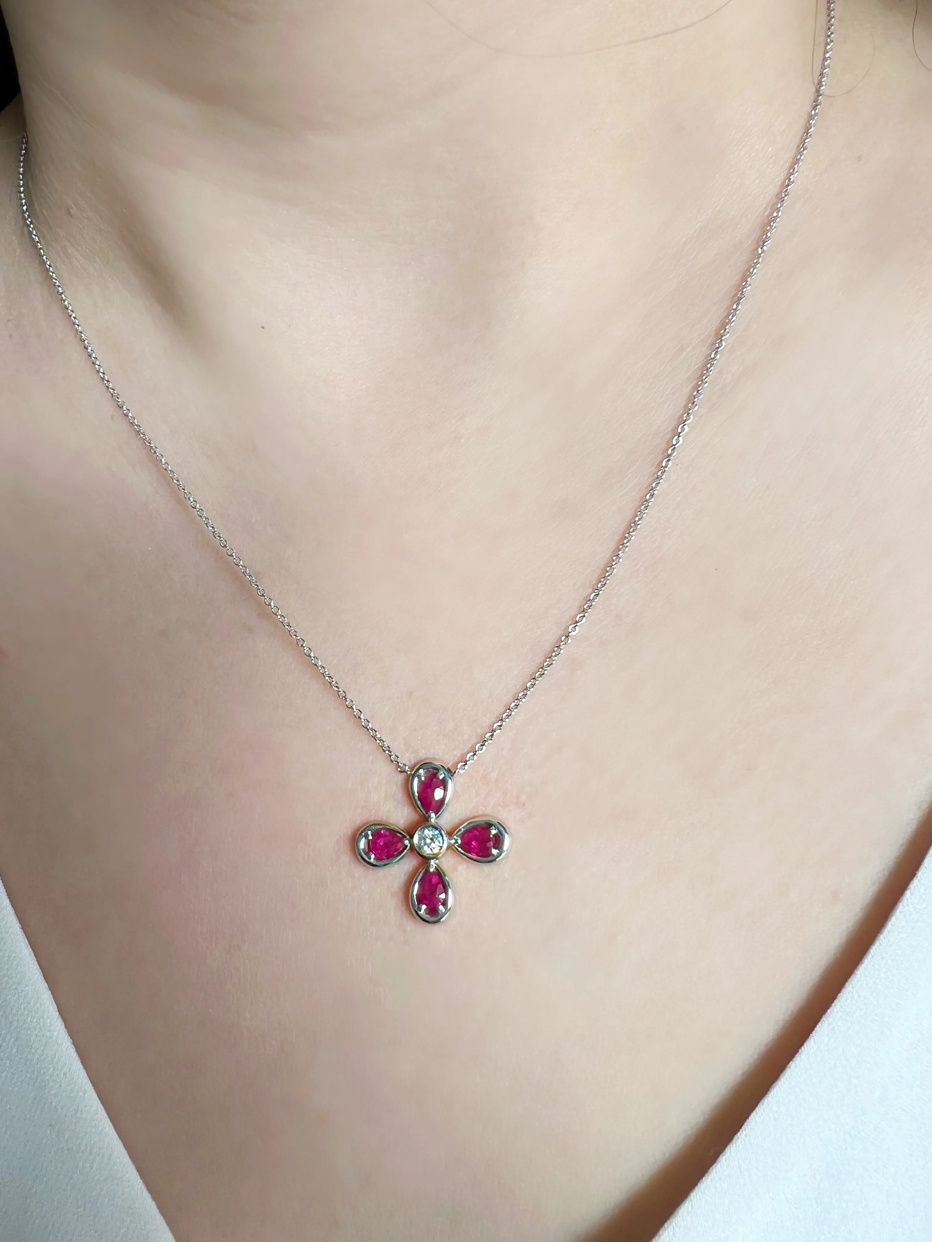 14K White Gold Ruby & Diamond Flower Pendant