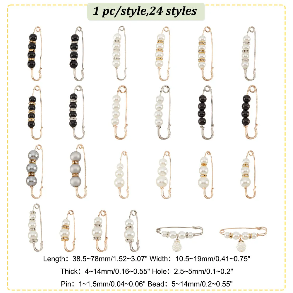 24Pcs 24 Style Plastic Imitation Pearl Beaded Safety Pin Brooches Set, Iron Sweater Shawl Clips for Waist Pants Extender Clothes Dresses Decorations, Platinum & Light Gold, 38.5~78x10.5~19x4~14mm, pin: 1~1.5, 1Pc/style