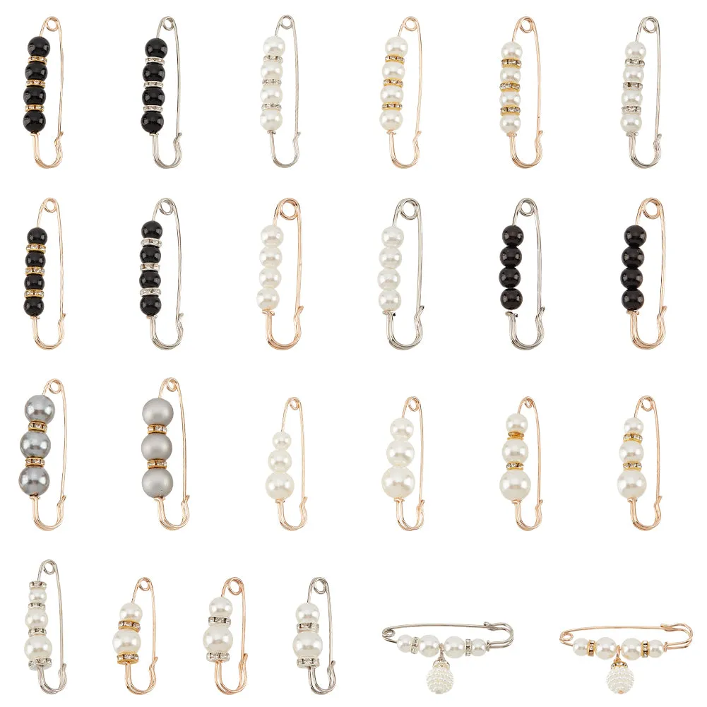 24Pcs 24 Style Plastic Imitation Pearl Beaded Safety Pin Brooches Set, Iron Sweater Shawl Clips for Waist Pants Extender Clothes Dresses Decorations, Platinum & Light Gold, 38.5~78x10.5~19x4~14mm, pin: 1~1.5, 1Pc/style