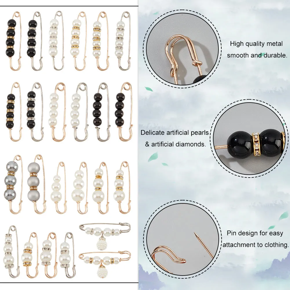 24Pcs 24 Style Plastic Imitation Pearl Beaded Safety Pin Brooches Set, Iron Sweater Shawl Clips for Waist Pants Extender Clothes Dresses Decorations, Platinum & Light Gold, 38.5~78x10.5~19x4~14mm, pin: 1~1.5, 1Pc/style