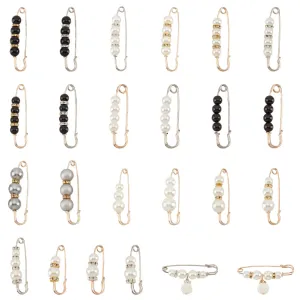 24Pcs 24 Style Plastic Imitation Pearl Beaded Safety Pin Brooches Set, Iron Sweater Shawl Clips for Waist Pants Extender Clothes Dresses Decorations, Platinum & Light Gold, 38.5~78x10.5~19x4~14mm, pin: 1~1.5, 1Pc/style