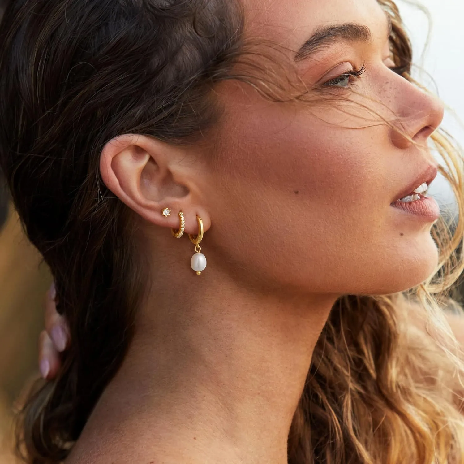 3 Pairs Gold Earrings for Women Trendy Pearl Hoop Earrings 14K Gold Huggie Earrings Set Dainty Cubic Zirconia Stud Earrings Hypoallergenic Lightweight Cartilage Earrings Jewelry for Women