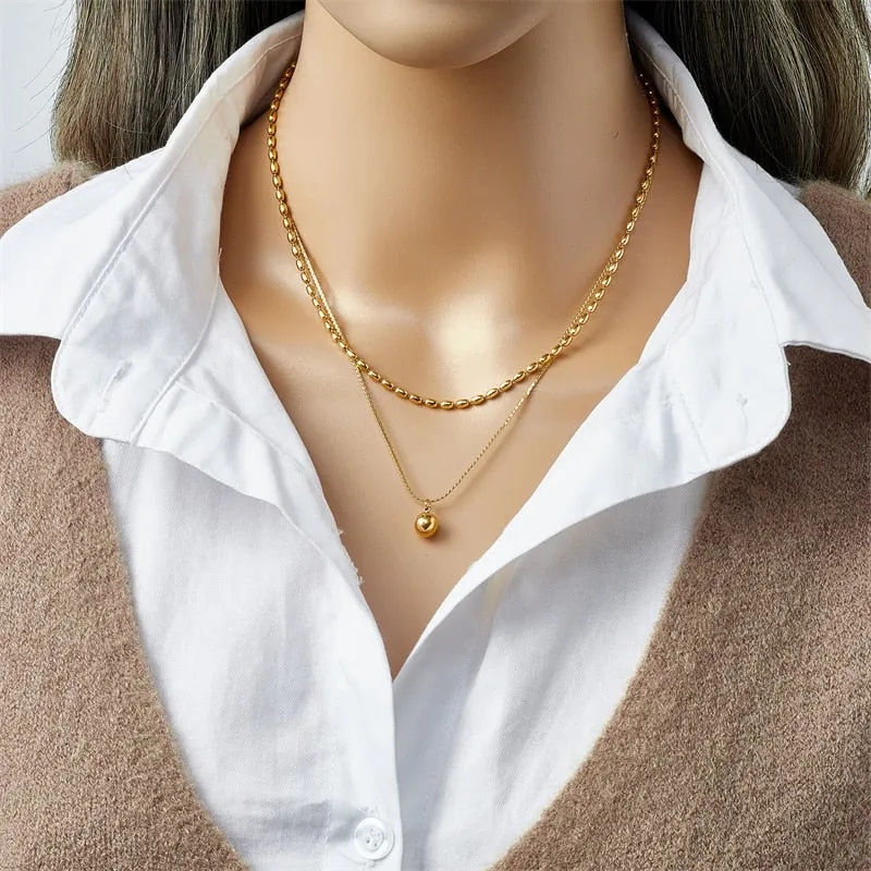 316L Stainless Steel Gold Color Beads Balls Pendant Necklace For Women