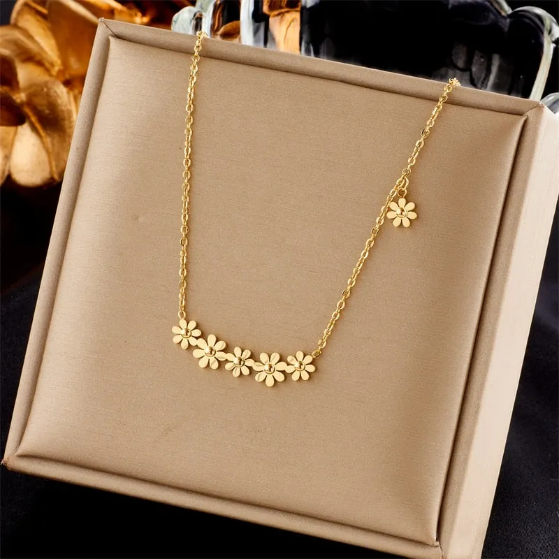 316L Stainless Steel Gold Color Small Flowers Pendant Necklace For Women