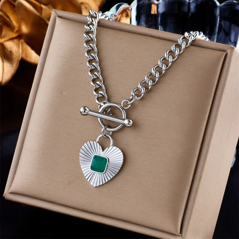 316L Stainless Steel Green Stone Heart Pendant Necklace For Women