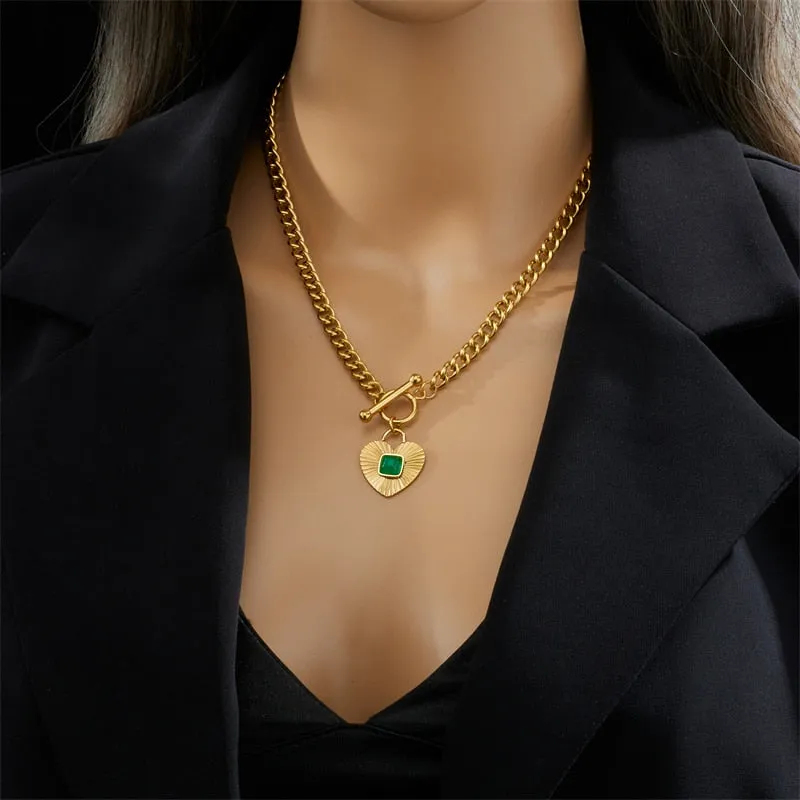 316L Stainless Steel Green Stone Heart Pendant Necklace For Women