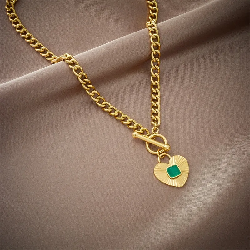 316L Stainless Steel Green Stone Heart Pendant Necklace For Women