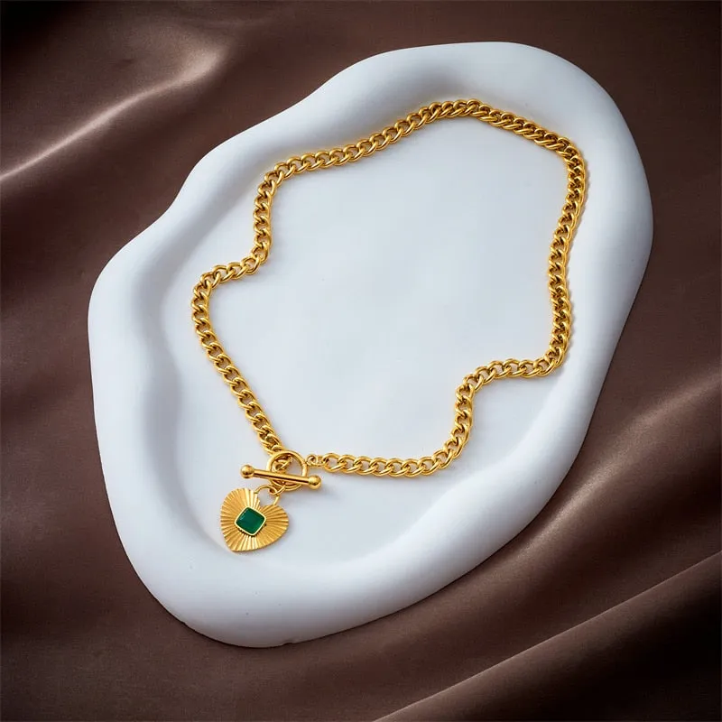 316L Stainless Steel Green Stone Heart Pendant Necklace For Women