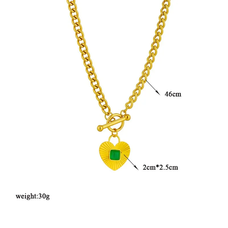 316L Stainless Steel Green Stone Heart Pendant Necklace For Women