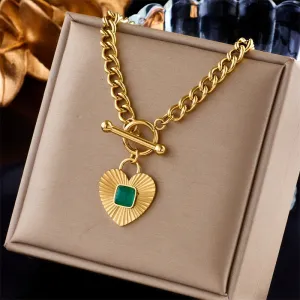 316L Stainless Steel Green Stone Heart Pendant Necklace For Women