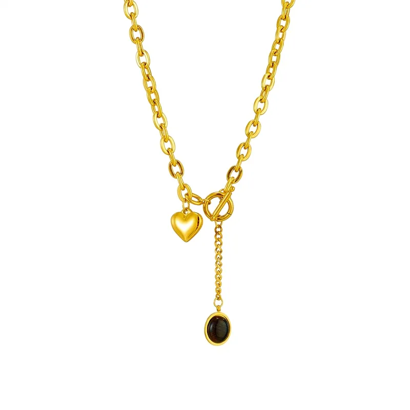 316L Stainless Steel Heart Black Stone Pendant Necklace For Women