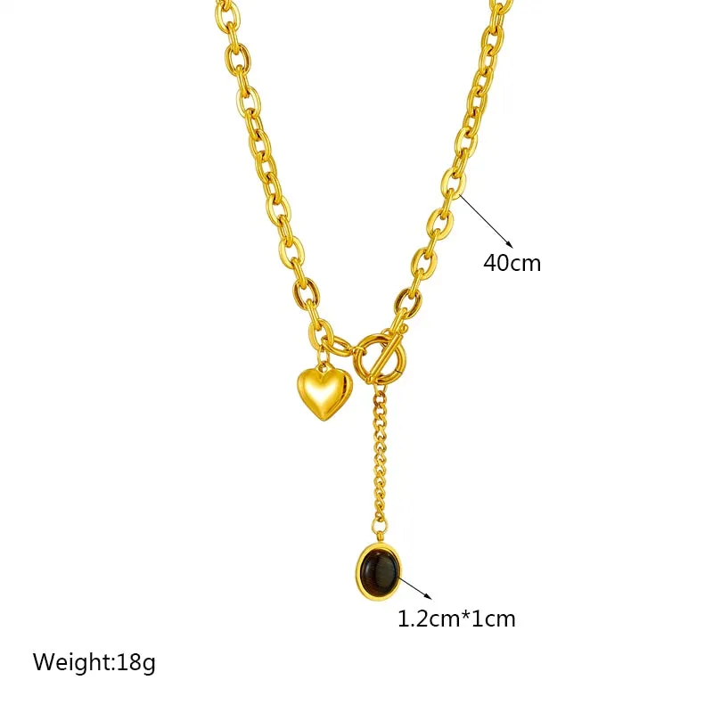 316L Stainless Steel Heart Black Stone Pendant Necklace For Women