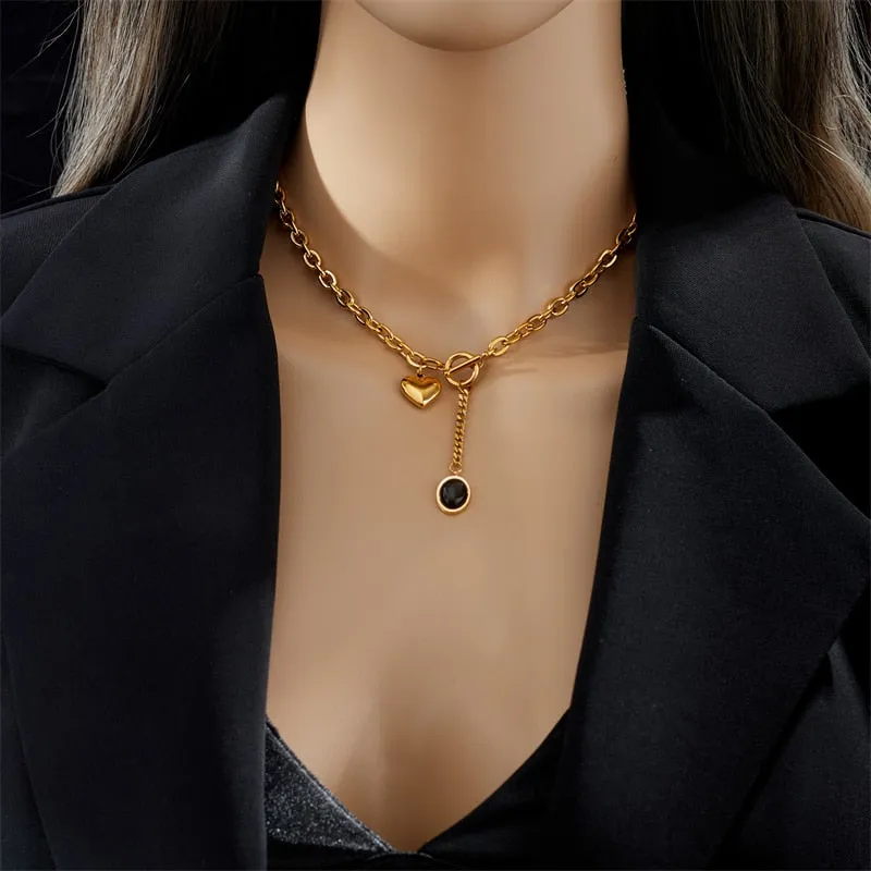 316L Stainless Steel Heart Black Stone Pendant Necklace For Women