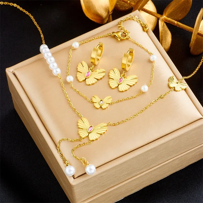 316L Stainless Steel Pearl Butterfly Long Pendant Necklace