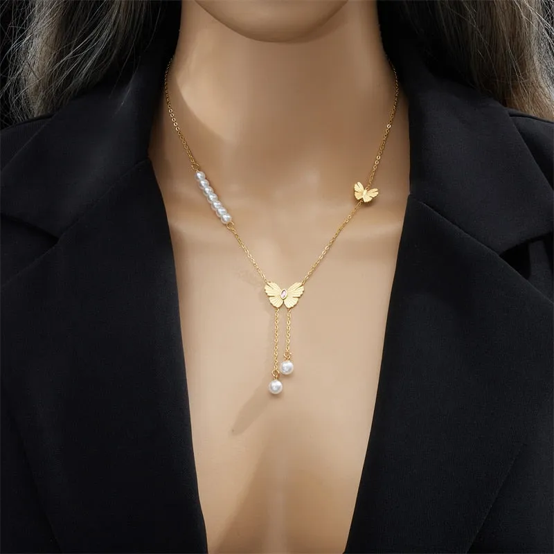 316L Stainless Steel Pearl Butterfly Long Pendant Necklace
