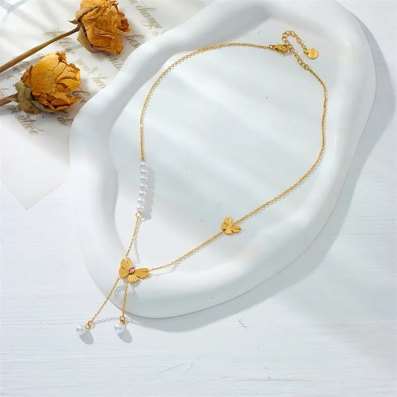 316L Stainless Steel Pearl Butterfly Long Pendant Necklace
