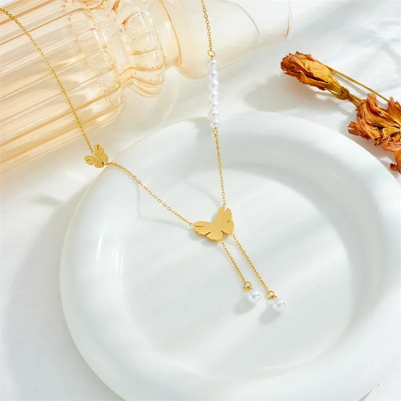 316L Stainless Steel Pearl Butterfly Long Pendant Necklace