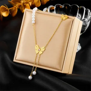 316L Stainless Steel Pearl Butterfly Long Pendant Necklace