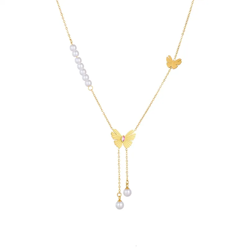 316L Stainless Steel Pearl Butterfly Long Pendant Necklace
