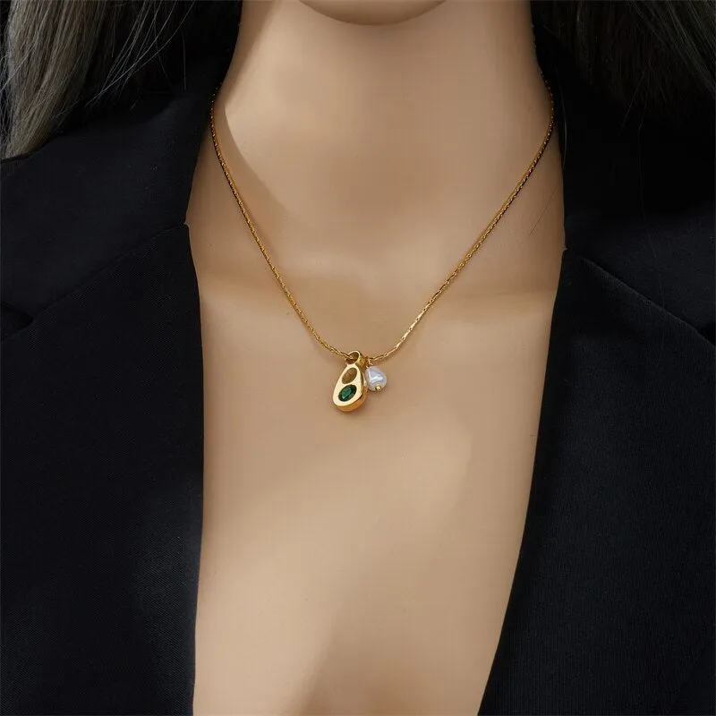 316L Stainless Steel Pearl Oval Water Drop Pendant Necklace For Women