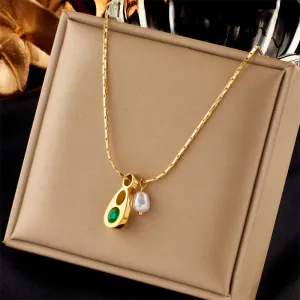 316L Stainless Steel Pearl Oval Water Drop Pendant Necklace For Women