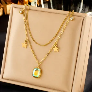 316L Stainless Steel Square Colorful Crystal Pentagram Pendant Necklace For Women