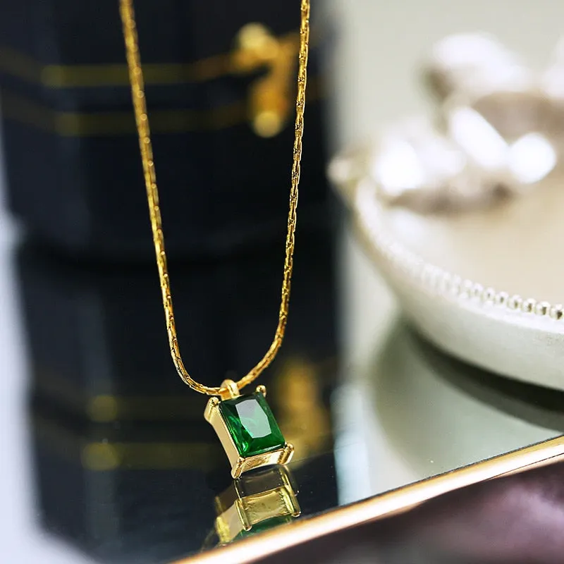 316L stainless steel square four-claw green zircon pendant Necklace for Ladies Necklace