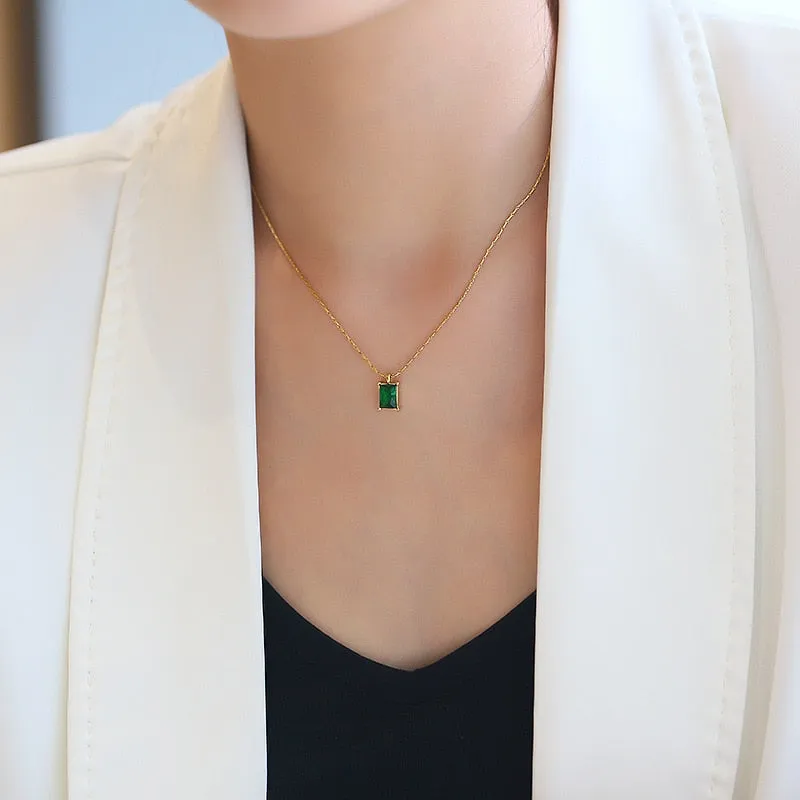 316L stainless steel square four-claw green zircon pendant Necklace for Ladies Necklace