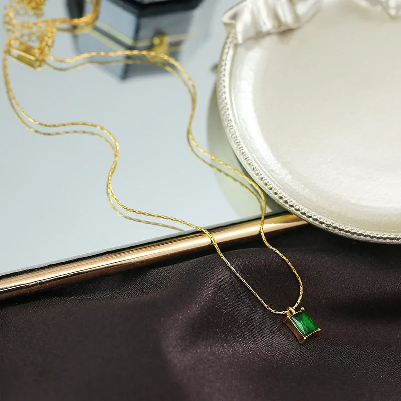 316L stainless steel square four-claw green zircon pendant Necklace for Ladies Necklace