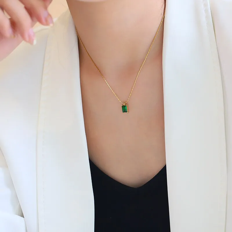 316L stainless steel square four-claw green zircon pendant Necklace for Ladies Necklace
