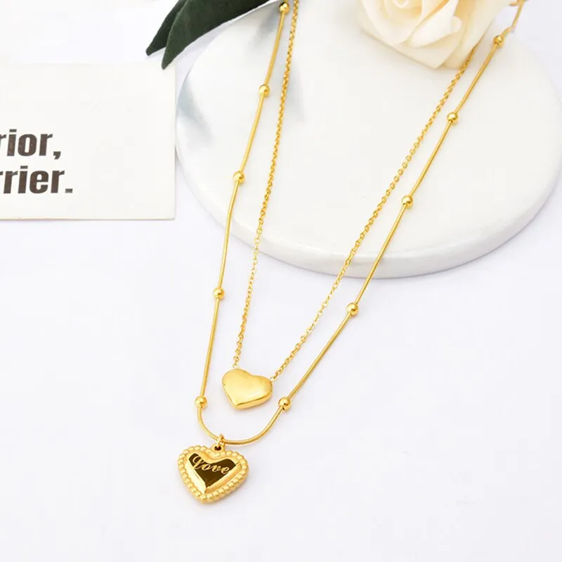 316L Stainless Steel Sweet Love Heart 2 Layers Pendant Necklace For Women
