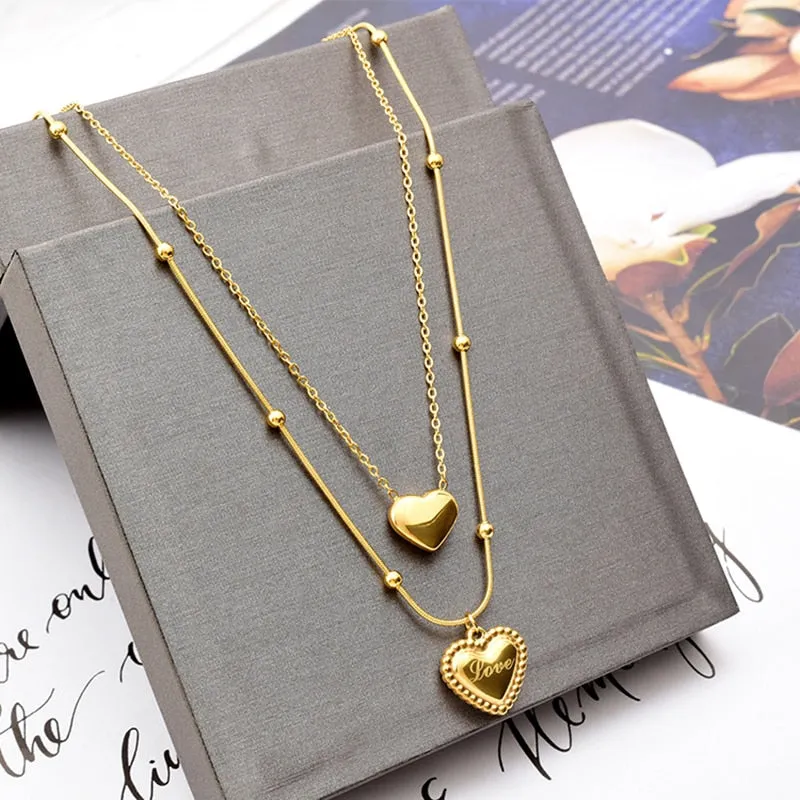 316L Stainless Steel Sweet Love Heart 2 Layers Pendant Necklace For Women
