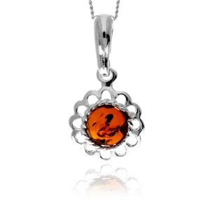 925 Sterling Silver & Genuine Baltic Amber Flower Small Pendant - 775