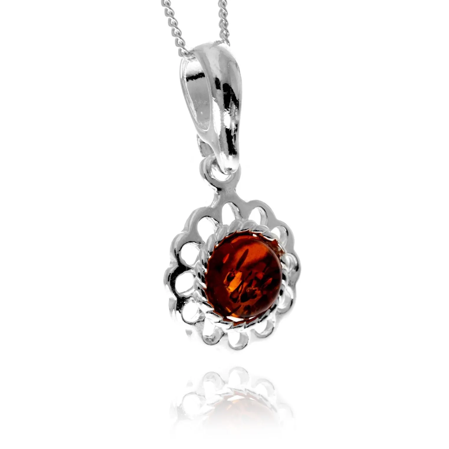 925 Sterling Silver & Genuine Baltic Amber Flower Small Pendant - 775