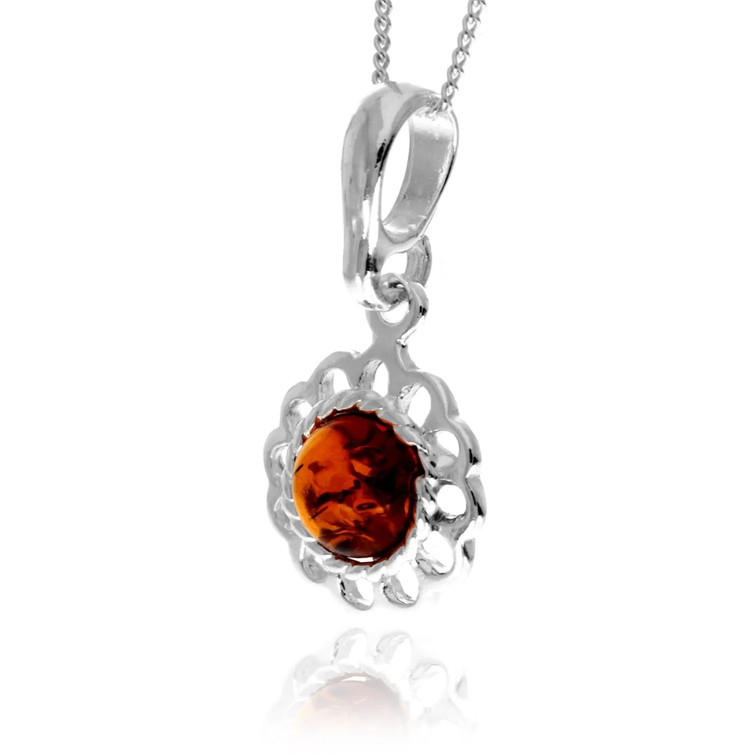 925 Sterling Silver & Genuine Baltic Amber Flower Small Pendant - 775