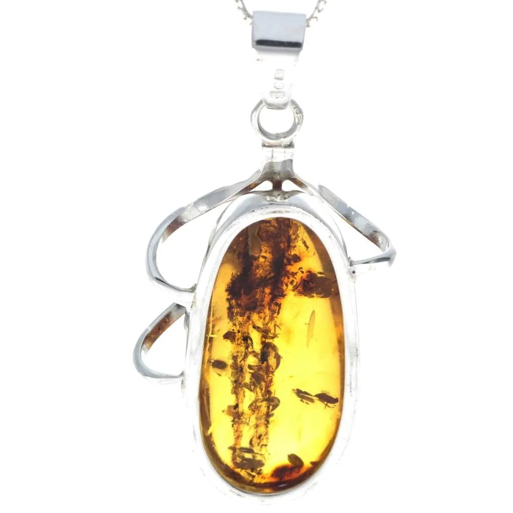 925 Sterling Silver & Genuine Cognac Baltic Amber Exlusive Unique Pendant - PD2163