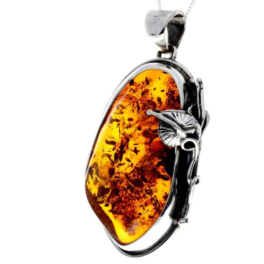 925 Sterling Silver & Genuine Cognac Baltic Amber Exlusive Unique Pendant - PD2386