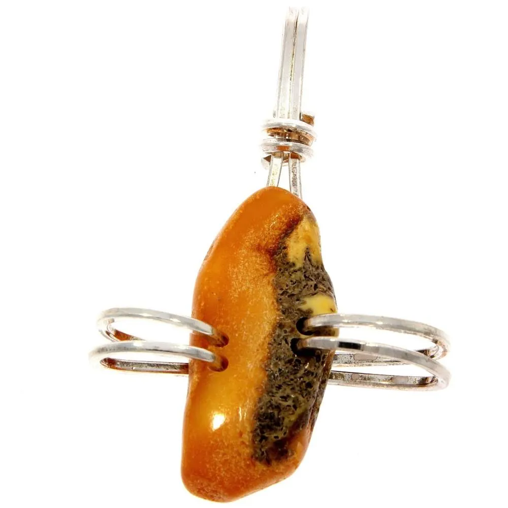 925 Sterling Silver & Genuine Lemon Baltic Amber Exlusive Unique Pendant - PD2016