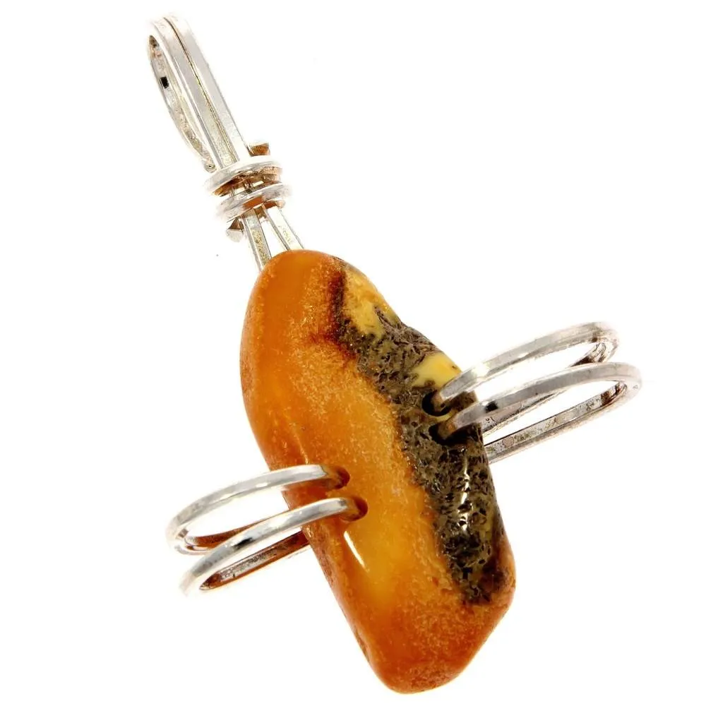925 Sterling Silver & Genuine Lemon Baltic Amber Exlusive Unique Pendant - PD2016