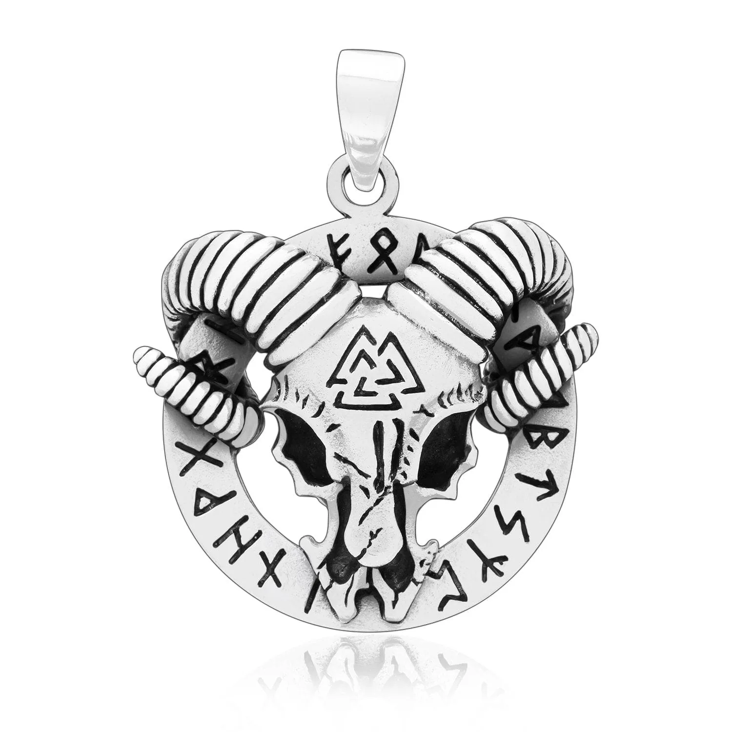 925 Sterling Silver Goat Head Pendant With Valknut and Runes