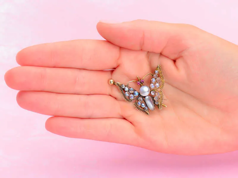 Antique Blue Moonstone Butterfly Brooch